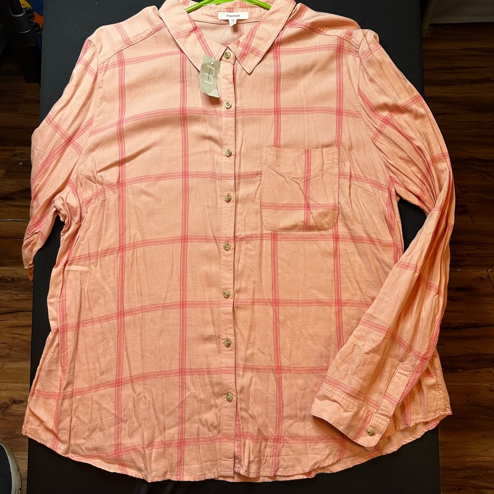 Maurices Womens XXL Peach Pink Plaid Button Down Long Sleeve Shirt Rayon Cotton